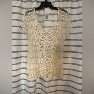 LILLY MASON Cream See Through Lace Short Sleeve Top.  Gently Loved Size M